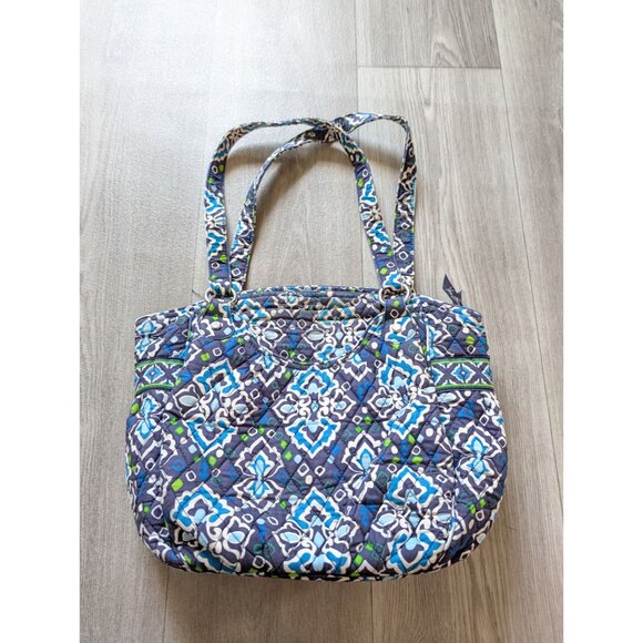 Vera Bradley Quilted Cotton Shoulder Bag Ink Blue & Green Pattern Dual Handles - Picture 3 of 9